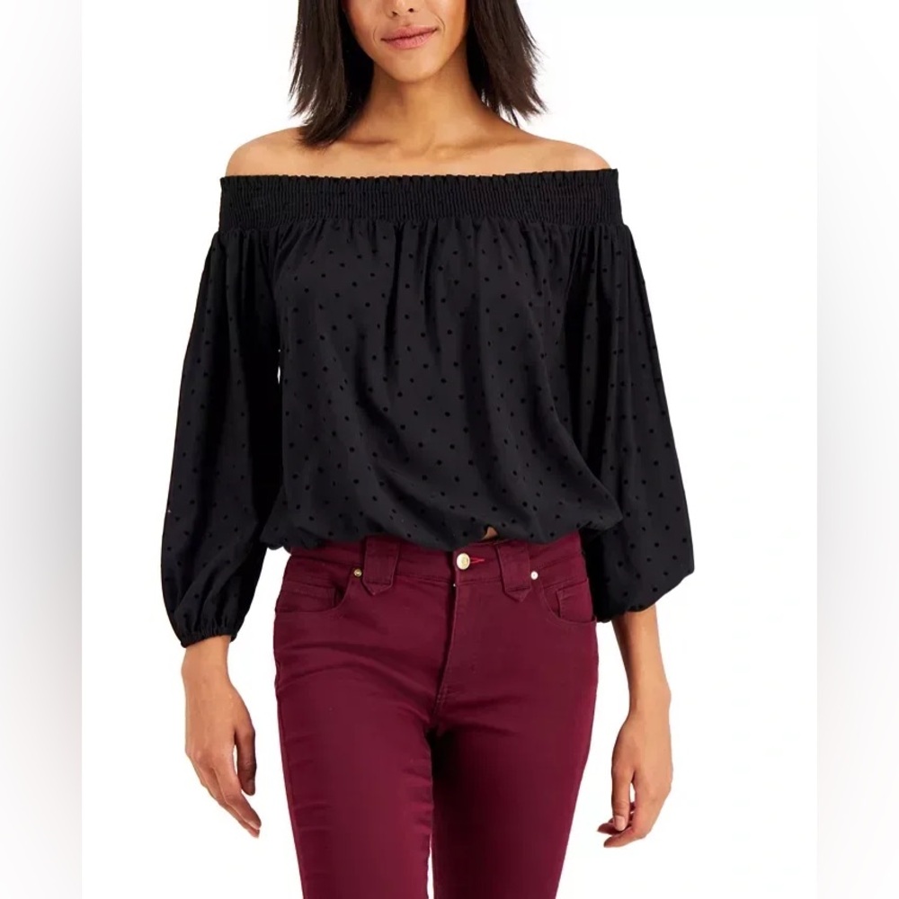 Tommy Hilfiger Black Off-the-Shoulder Puff Sleeve Polka Dot Top Women’s Size M